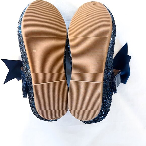 Navy Blue Rock Glitter Mary Jane Flats Toddler Girl Bow Dress Shoes - Picture 7 of 9